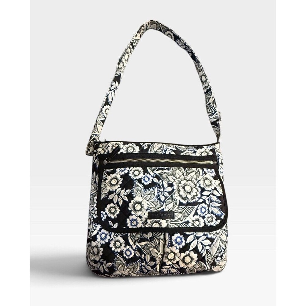 Vera Bradley Snow Lotus Mailbag Crossbody Hipster Bag Quilted Floral Black Blue